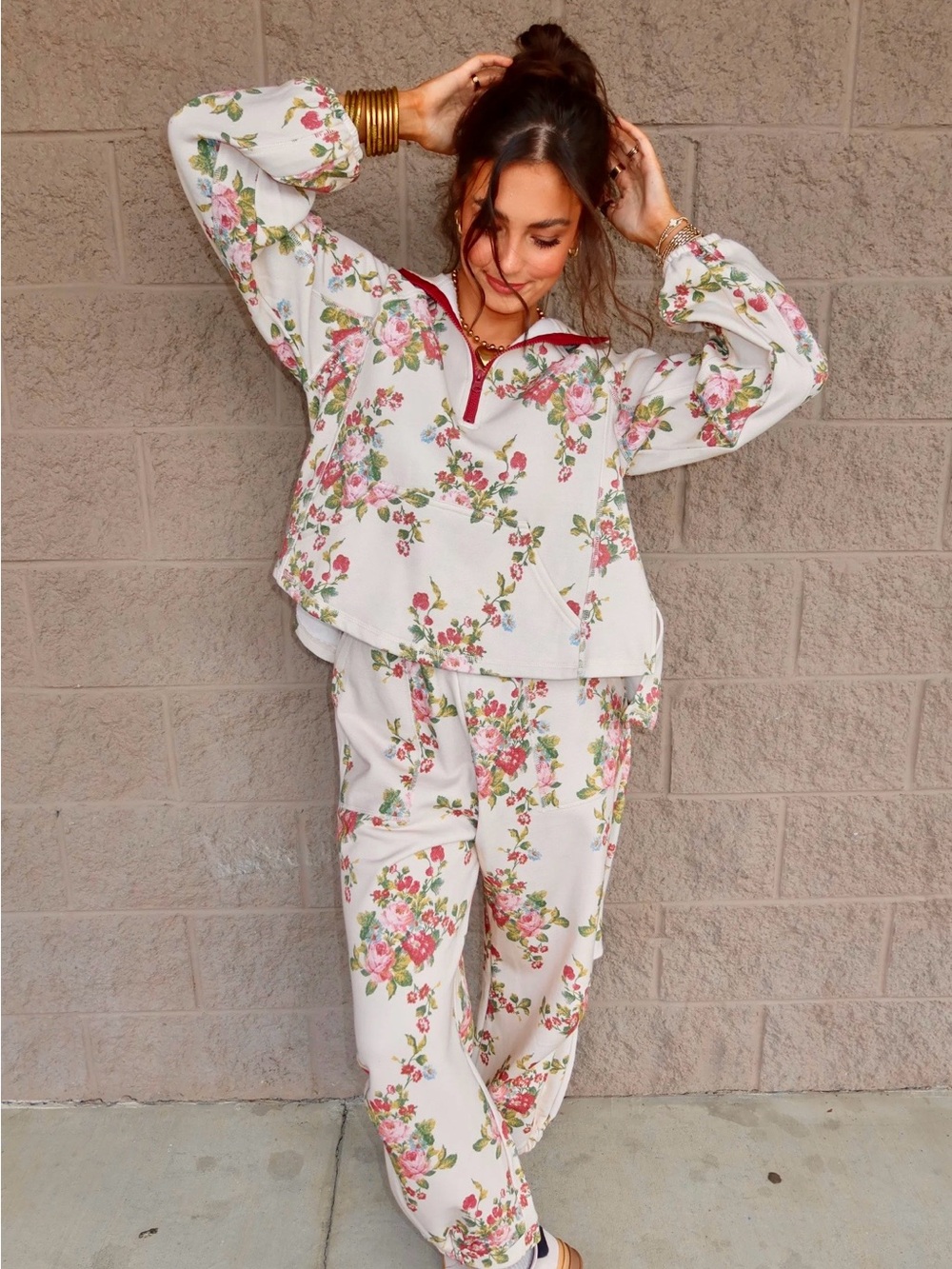 DAVI & DANI Cream Floral Zip Pullover and Jogger Set